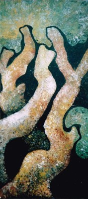 Acrylbild abstrakter Bäume vor braunem Hintergrund